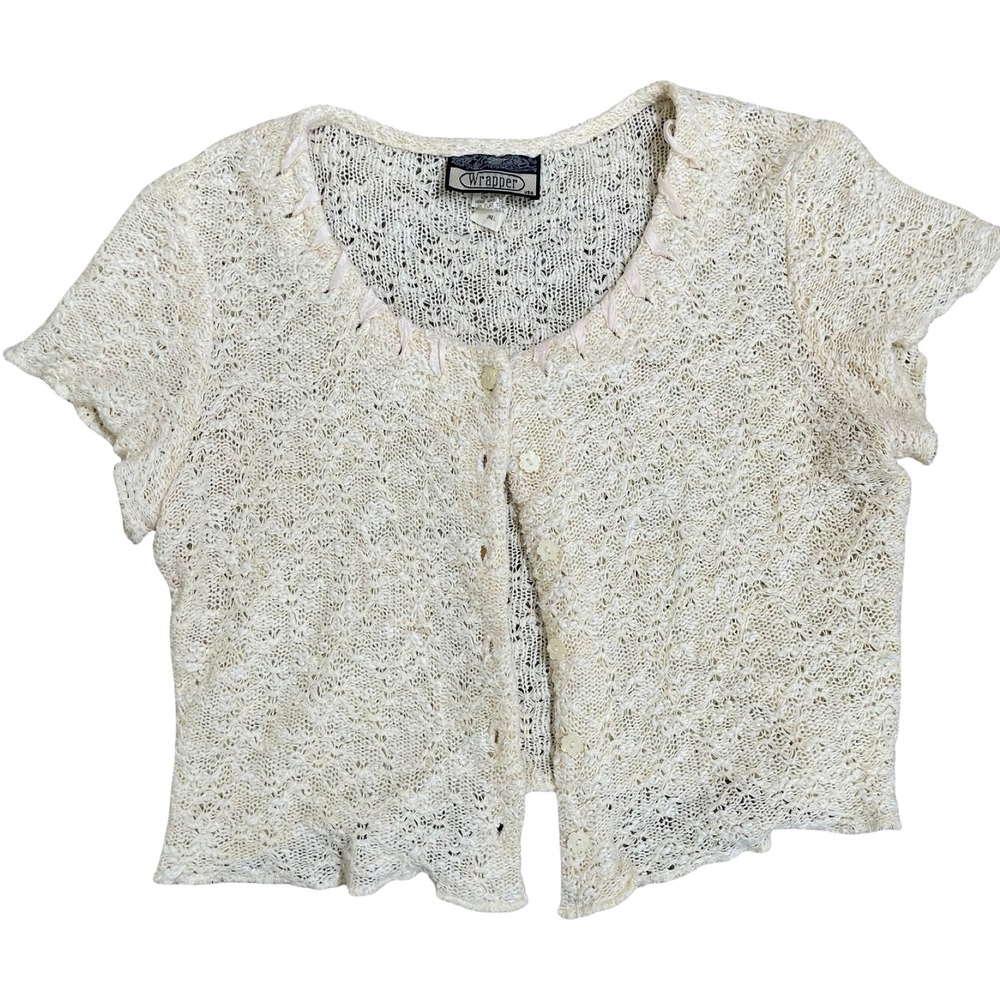 Wrapper Vintage 90s Cream Crochet Knit Short‎ Sleeve Cardigan S 90s Y2K Cottage